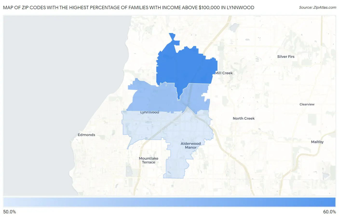 Zip Codes with the Highest Percentage of Families with Income Above $100,000 in Lynnwood Map