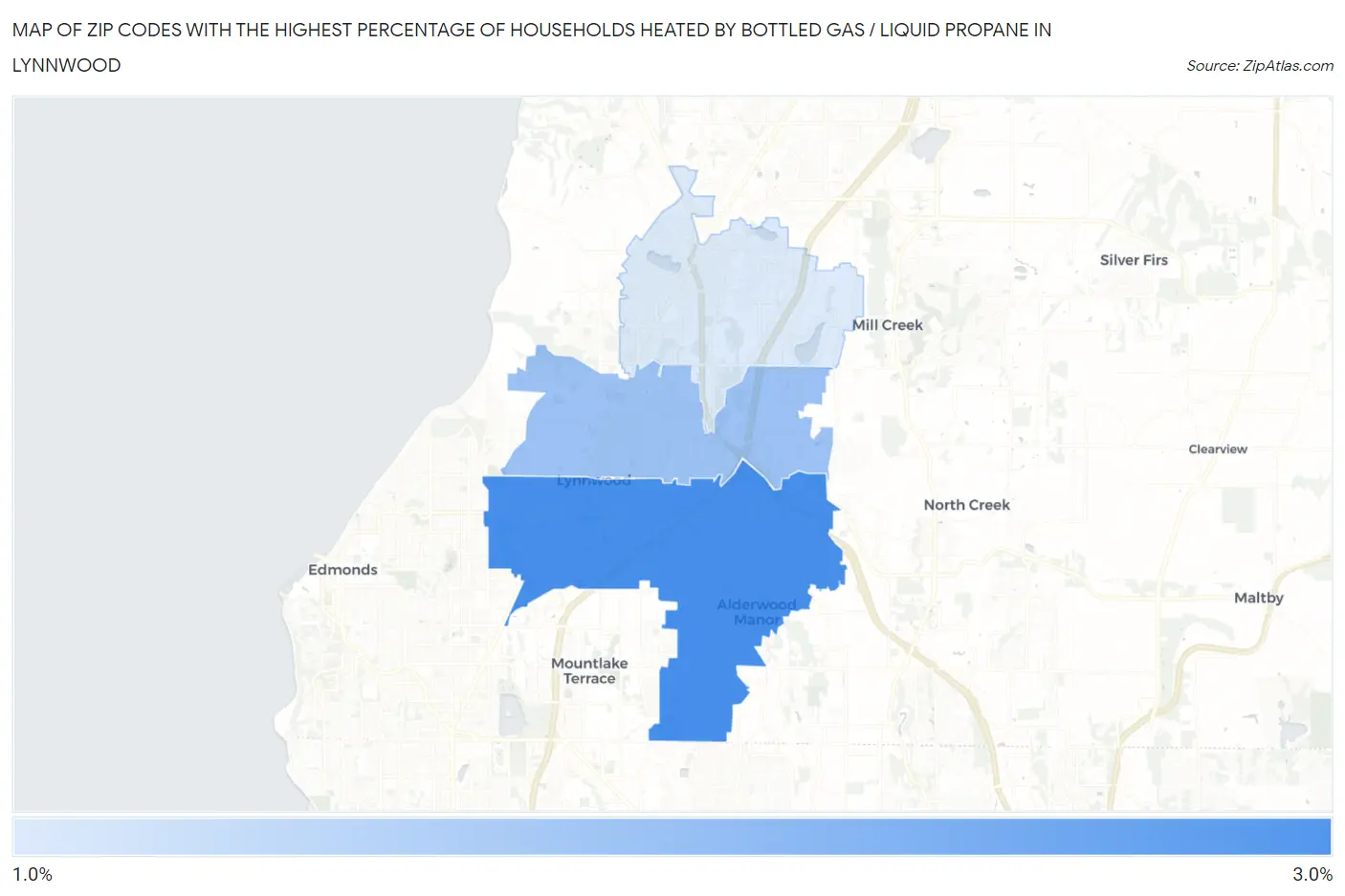 Zip Codes with the Highest Percentage of Households Heated by Bottled Gas / Liquid Propane in Lynnwood Map