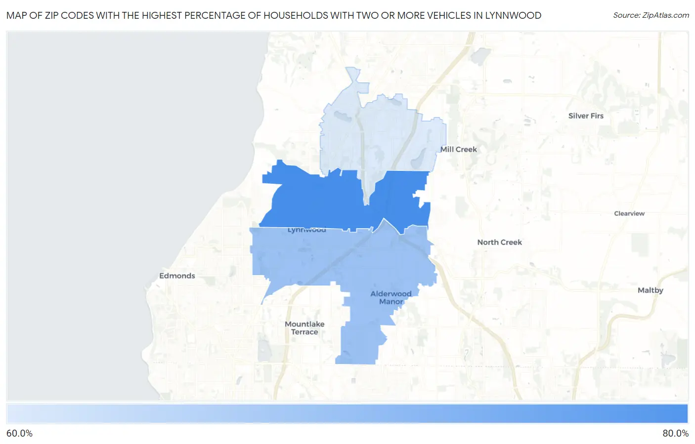 Zip Codes with the Highest Percentage of Households With Two or more Vehicles in Lynnwood Map