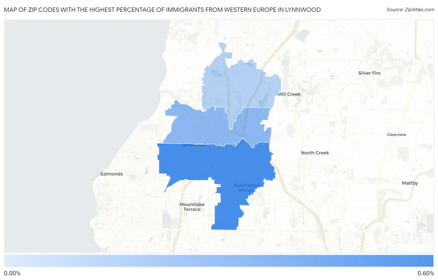 Zip Codes with the Highest Percentage of Immigrants from Western Europe in Lynnwood Map