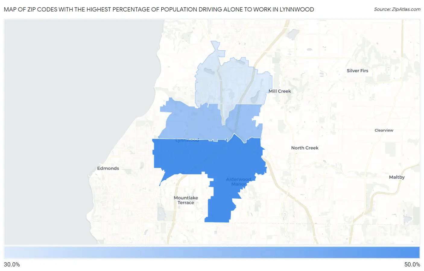 Zip Codes with the Highest Percentage of Population Driving Alone to Work in Lynnwood Map