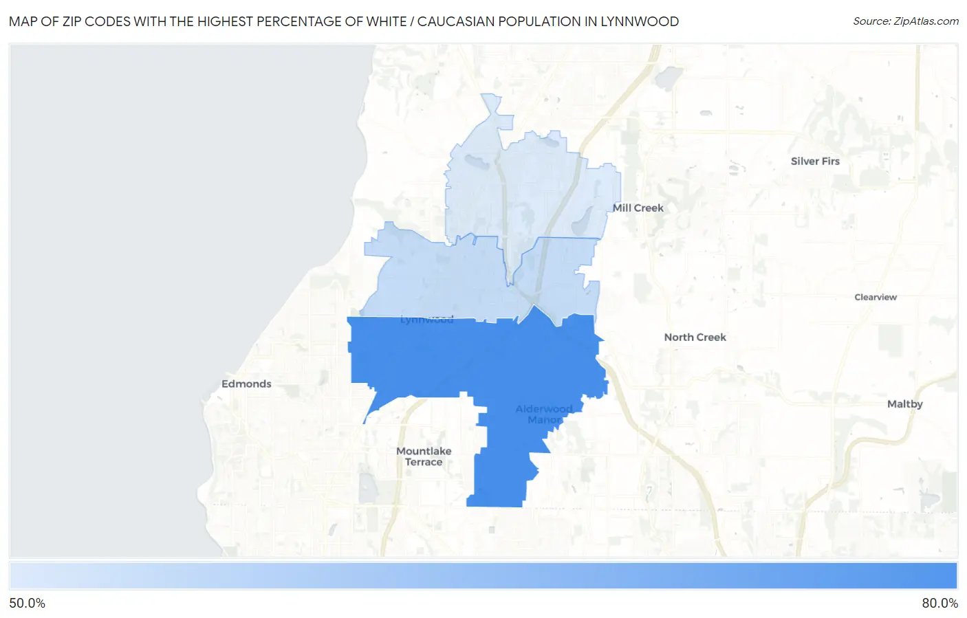 Zip Codes with the Highest Percentage of White / Caucasian Population in Lynnwood Map