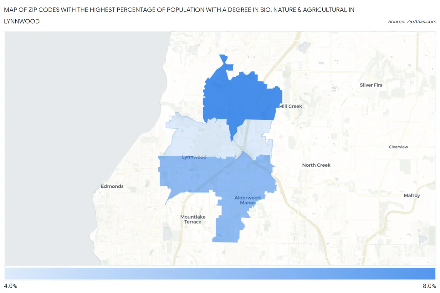 Zip Codes with the Highest Percentage of Population with a Degree in Bio, Nature & Agricultural in Lynnwood Map