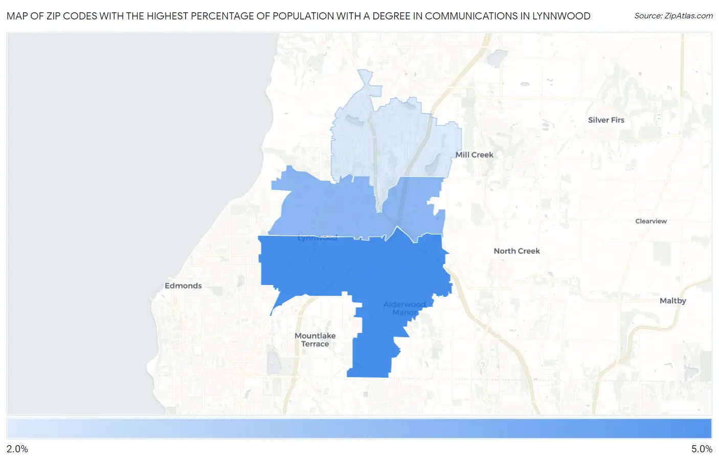 Zip Codes with the Highest Percentage of Population with a Degree in Communications in Lynnwood Map