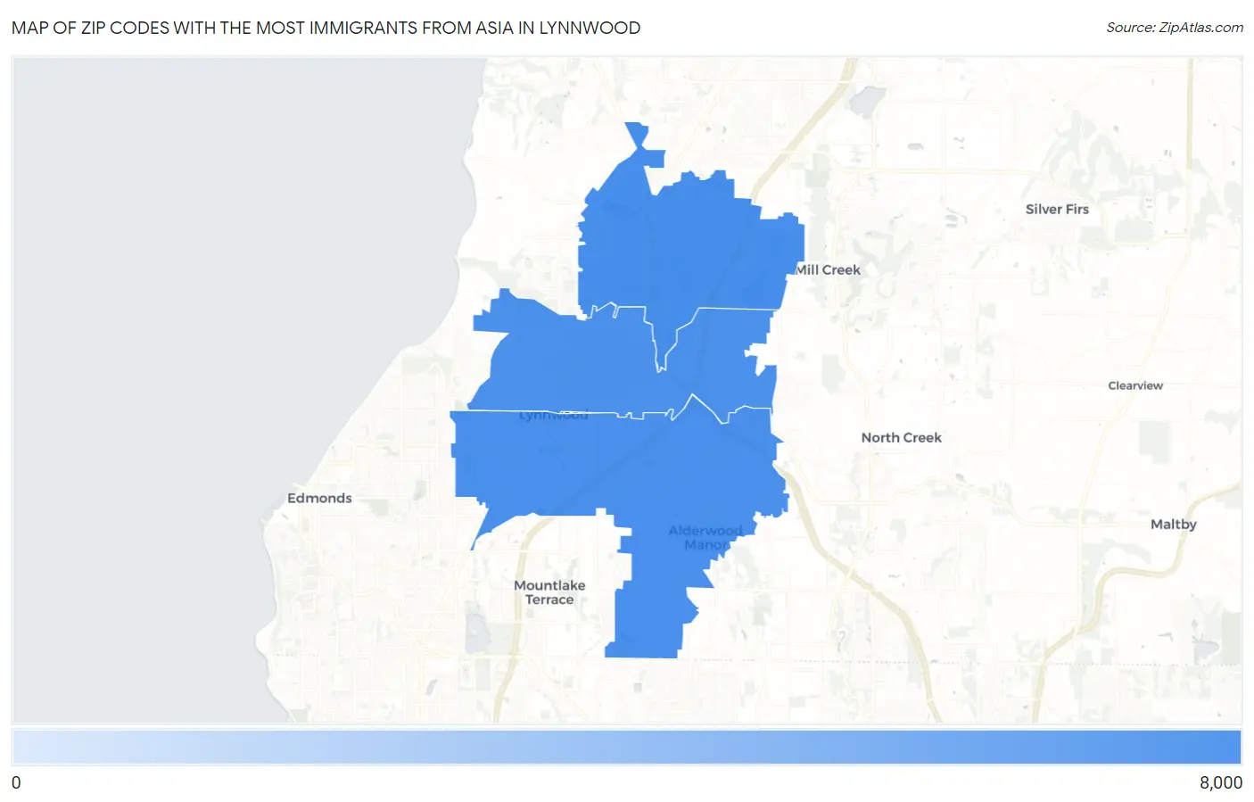 Zip Codes with the Most Immigrants from Asia in Lynnwood Map