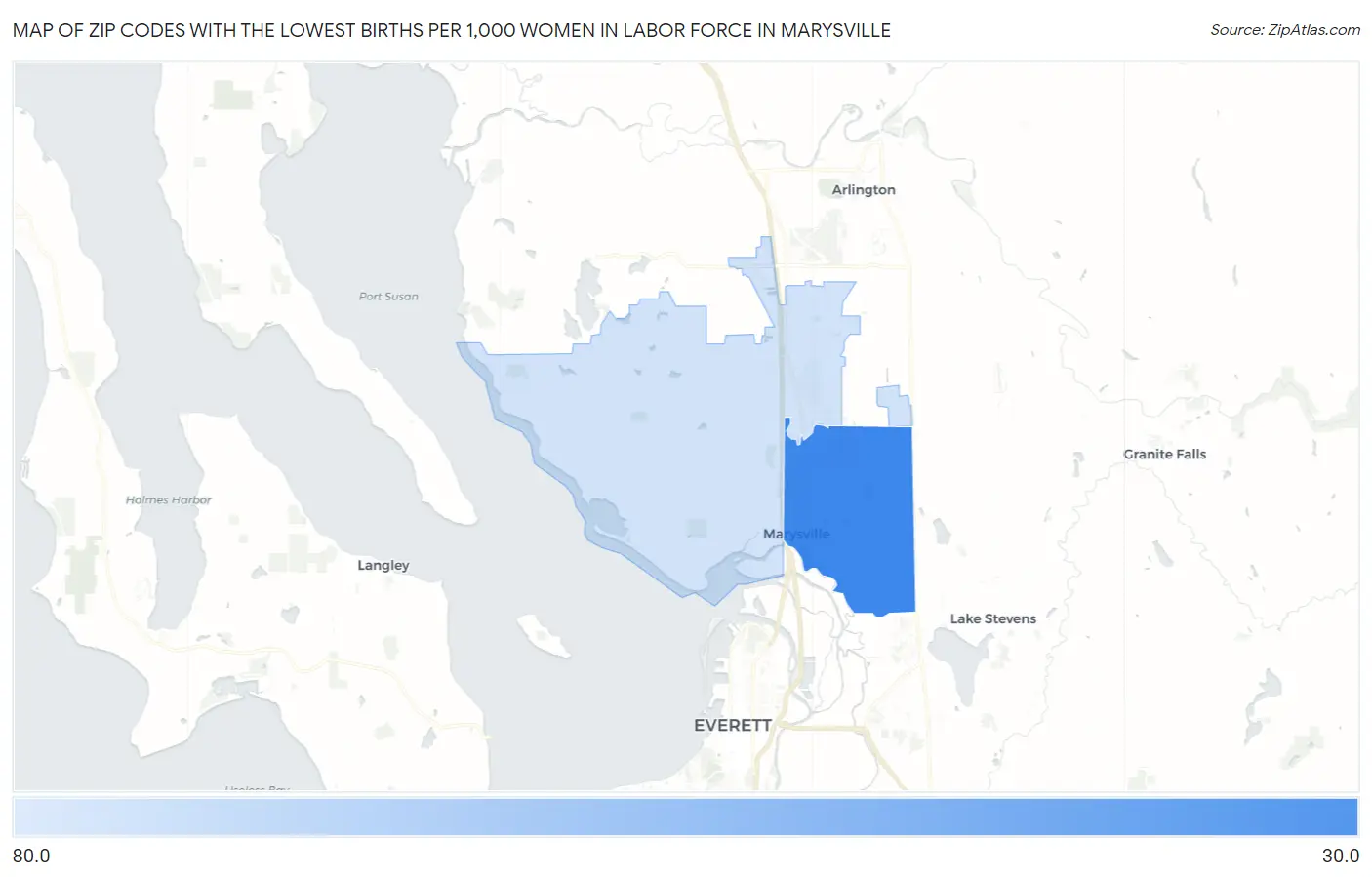 Zip Codes with the Lowest Births per 1,000 Women in Labor Force in Marysville Map