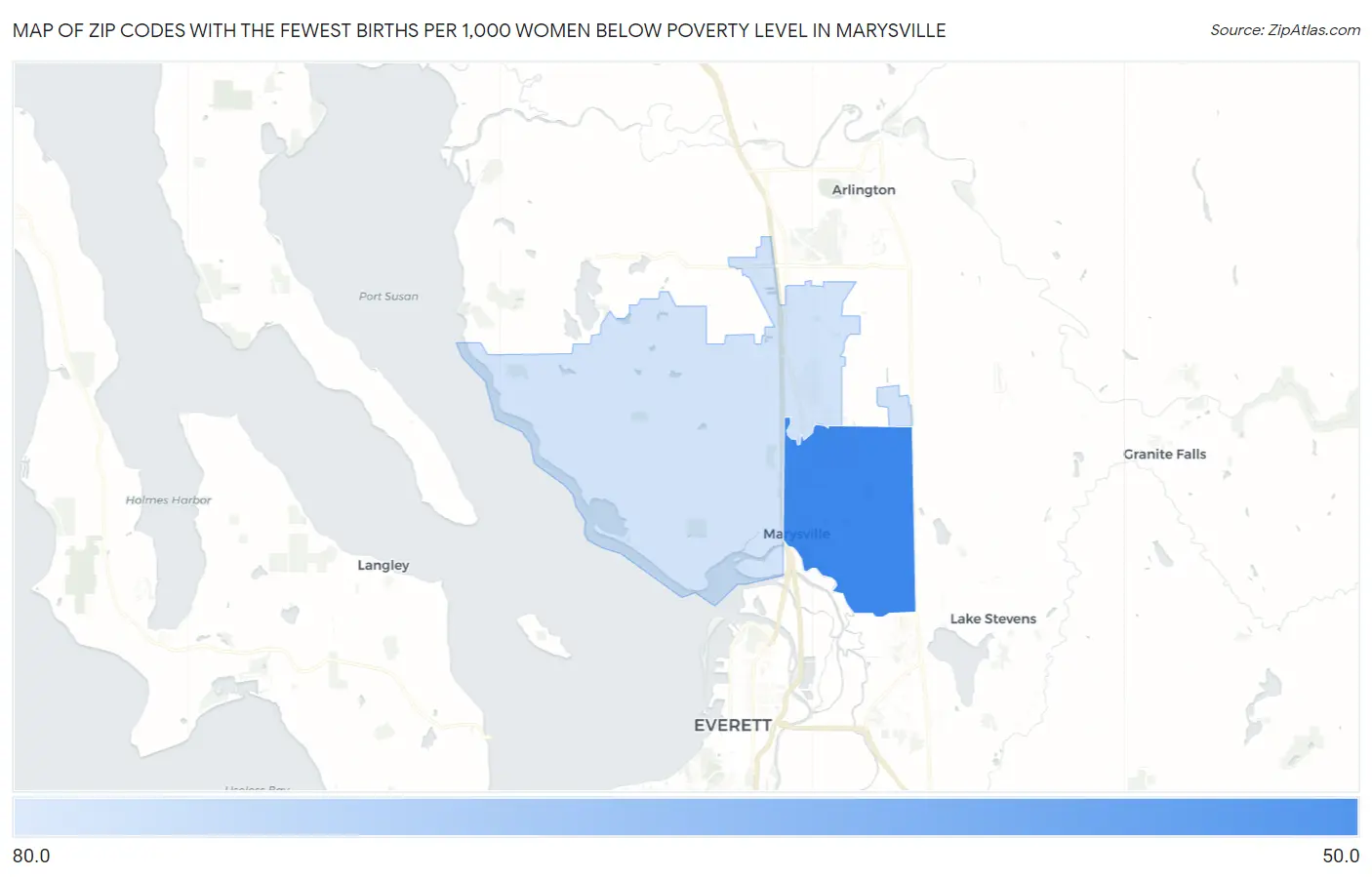 Zip Codes with the Fewest Births per 1,000 Women Below Poverty Level in Marysville Map