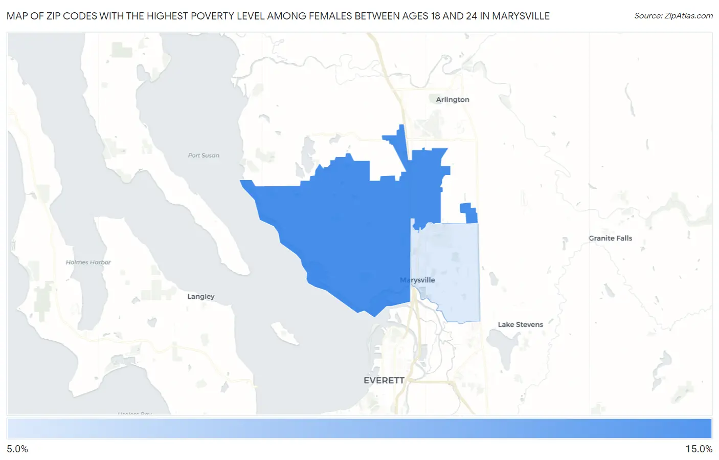 Zip Codes with the Highest Poverty Level Among Females Between Ages 18 and 24 in Marysville Map
