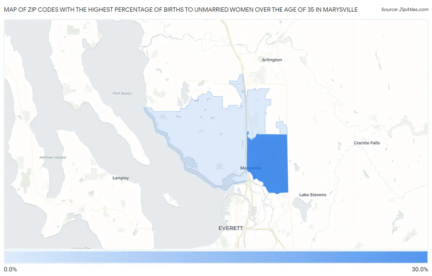 Zip Codes with the Highest Percentage of Births to Unmarried Women over the Age of 35 in Marysville Map