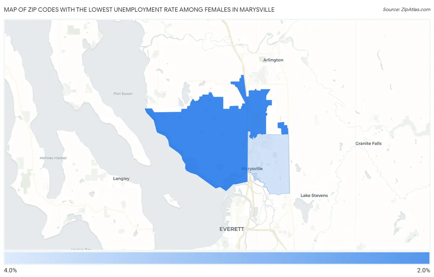 Zip Codes with the Lowest Unemployment Rate Among Females in Marysville Map