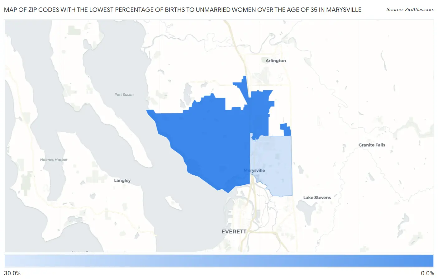 Zip Codes with the Lowest Percentage of Births to Unmarried Women over the Age of 35 in Marysville Map