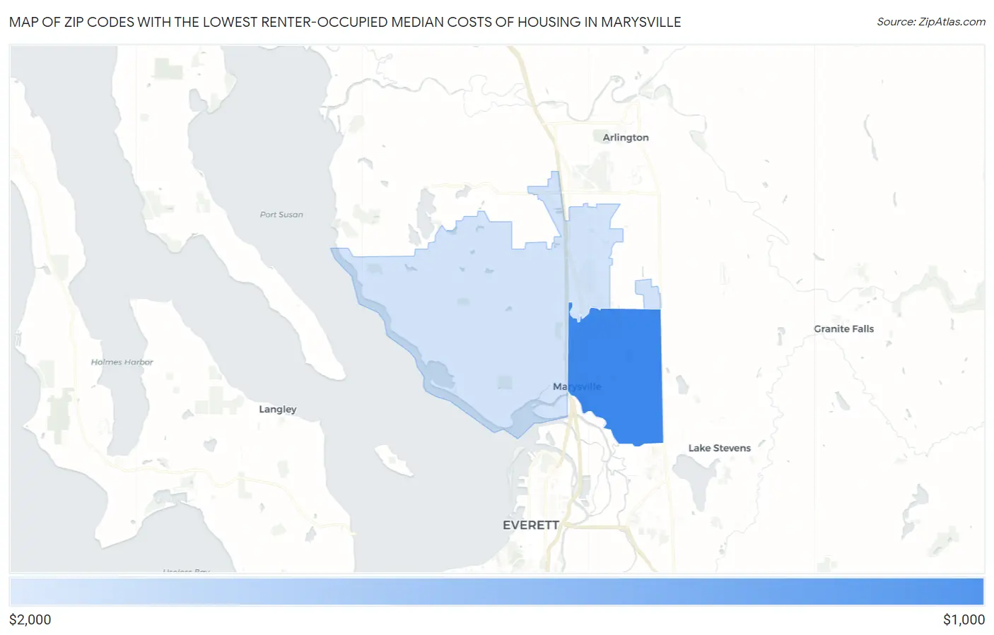 Zip Codes with the Lowest Renter-Occupied Median Costs of Housing in Marysville Map