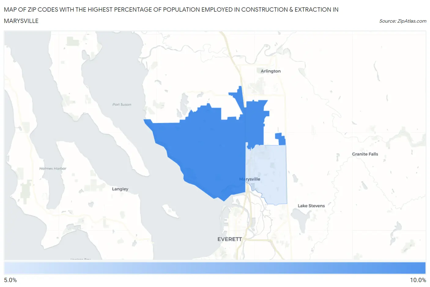 Zip Codes with the Highest Percentage of Population Employed in Construction & Extraction in Marysville Map