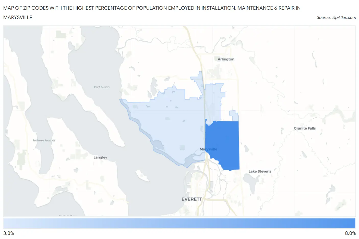 Zip Codes with the Highest Percentage of Population Employed in Installation, Maintenance & Repair in Marysville Map