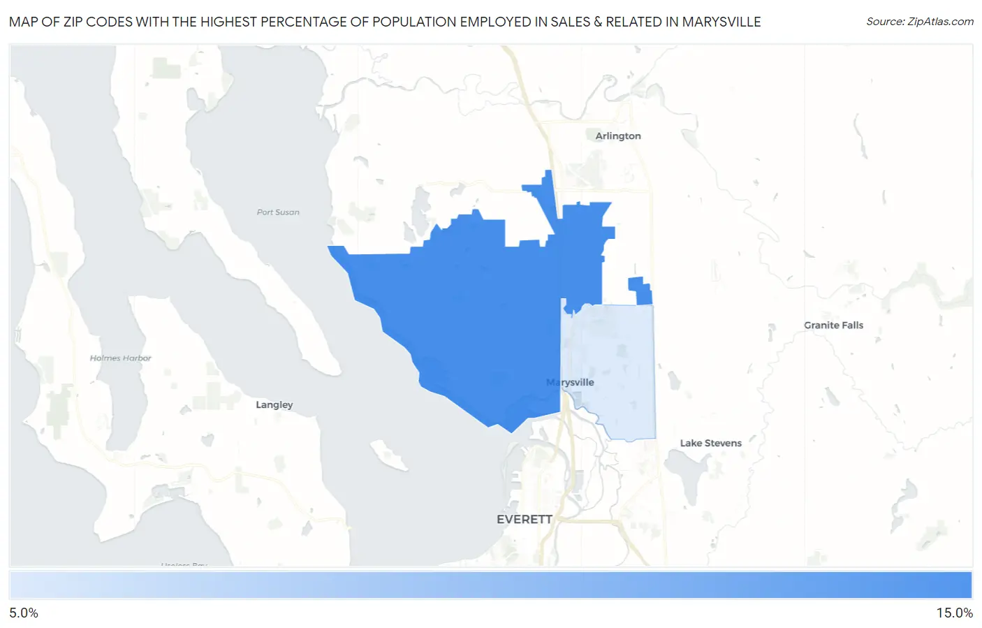 Zip Codes with the Highest Percentage of Population Employed in Sales & Related in Marysville Map