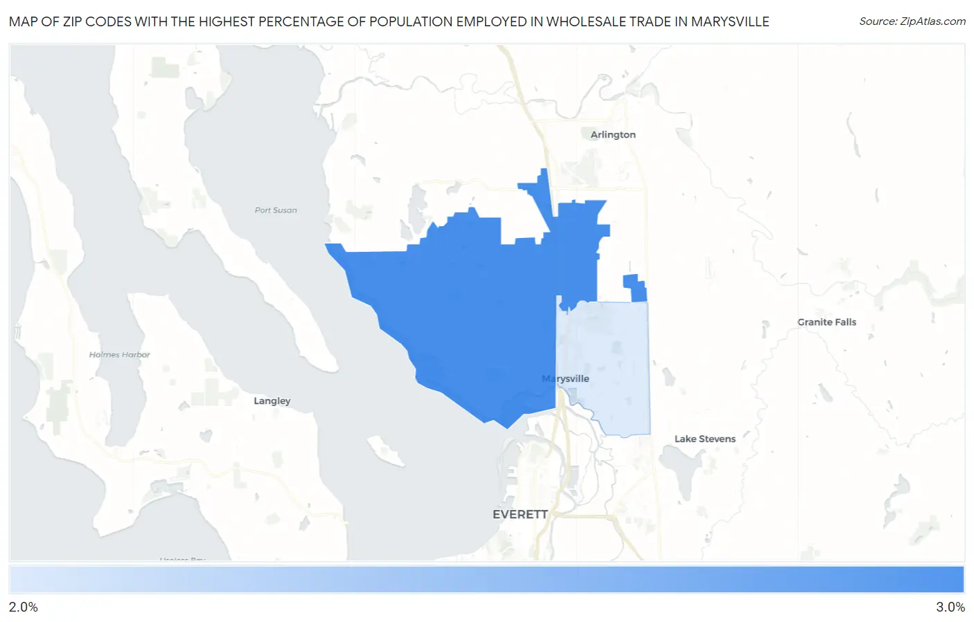 Zip Codes with the Highest Percentage of Population Employed in Wholesale Trade in Marysville Map
