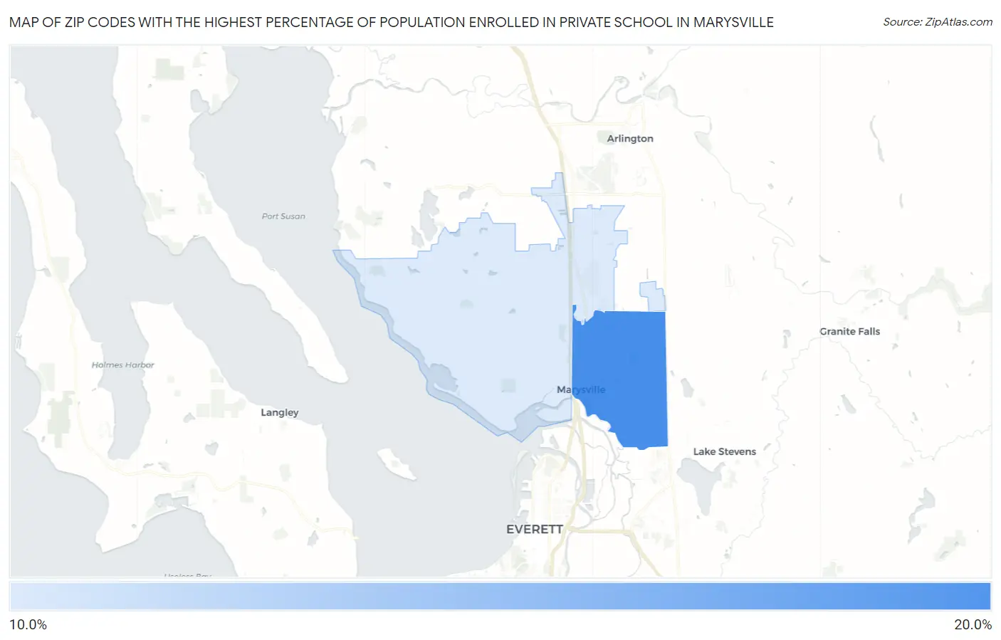 Zip Codes with the Highest Percentage of Population Enrolled in Private School in Marysville Map