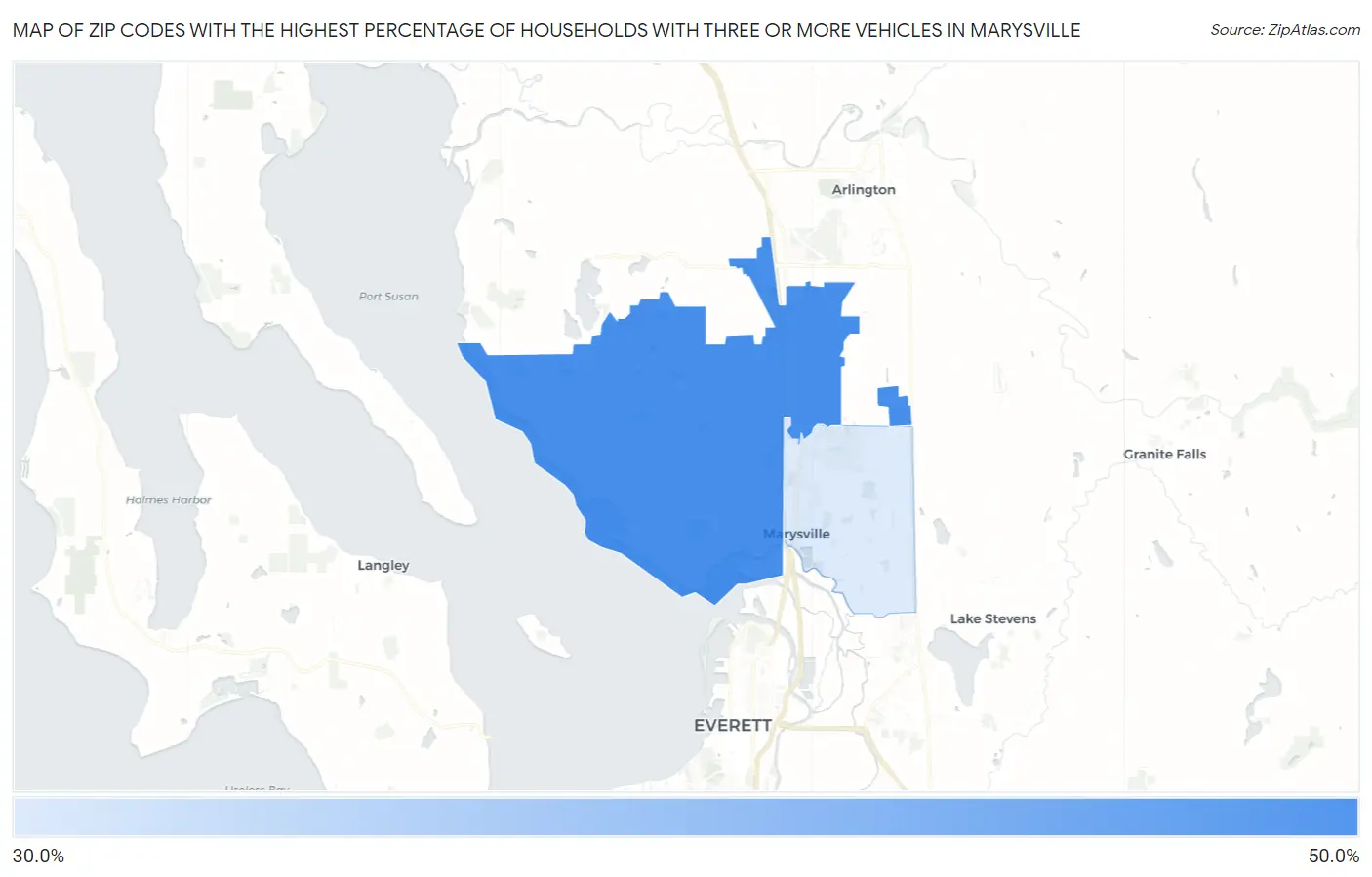 Zip Codes with the Highest Percentage of Households With Three or more Vehicles in Marysville Map