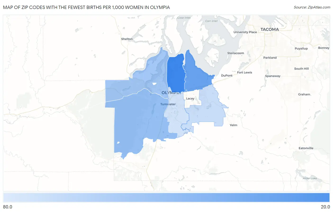 Zip Codes with the Fewest Births per 1,000 Women in Olympia Map