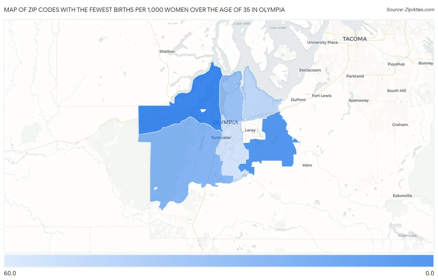 Zip Codes with the Fewest Births per 1,000 Women Over the Age of 35 in Olympia Map