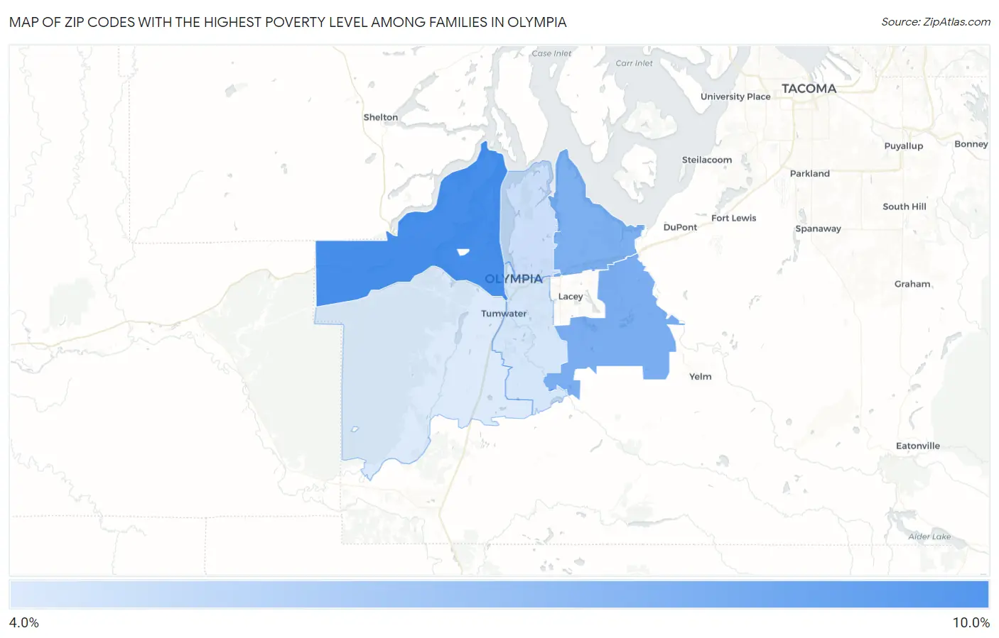 Zip Codes with the Highest Poverty Level Among Families in Olympia Map