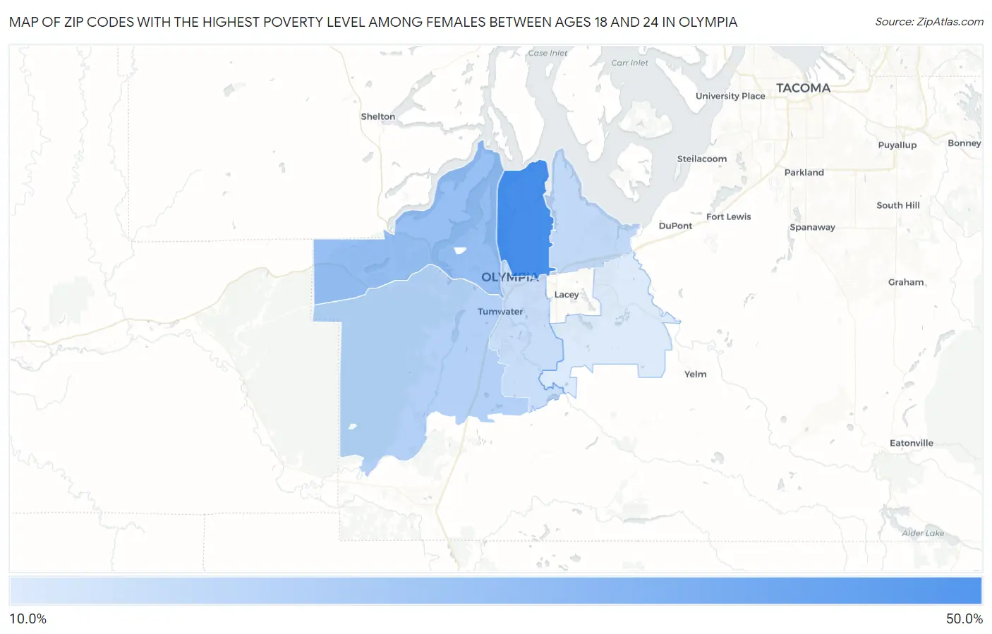 Zip Codes with the Highest Poverty Level Among Females Between Ages 18 and 24 in Olympia Map