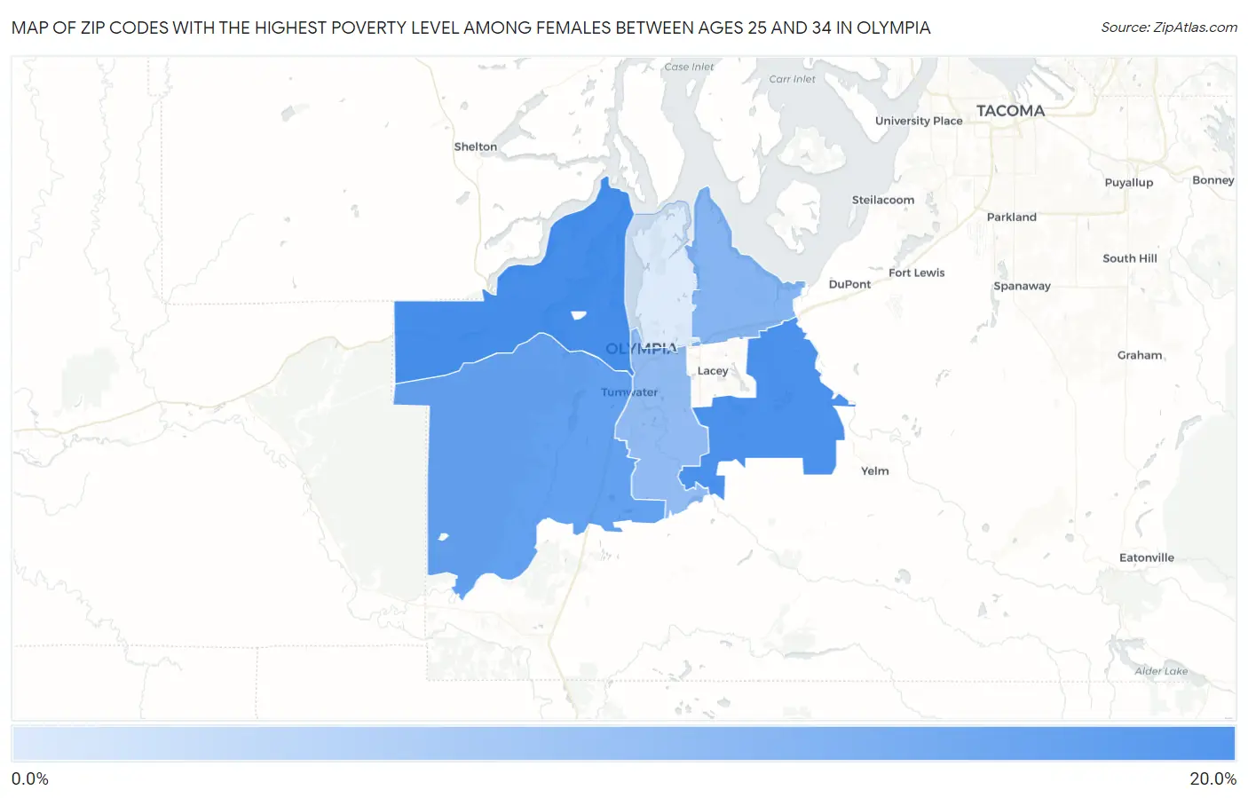 Zip Codes with the Highest Poverty Level Among Females Between Ages 25 and 34 in Olympia Map