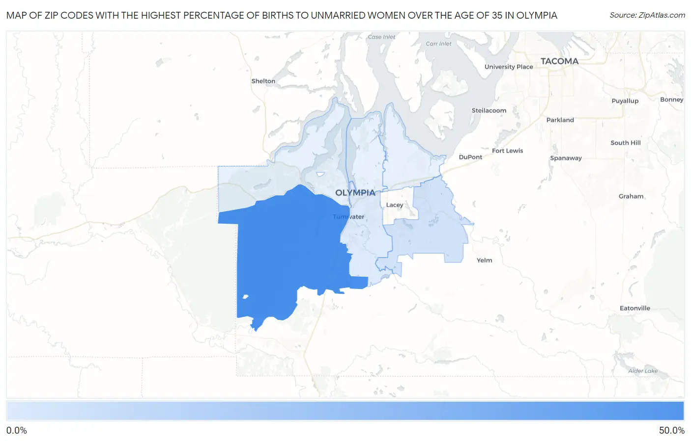 Zip Codes with the Highest Percentage of Births to Unmarried Women over the Age of 35 in Olympia Map