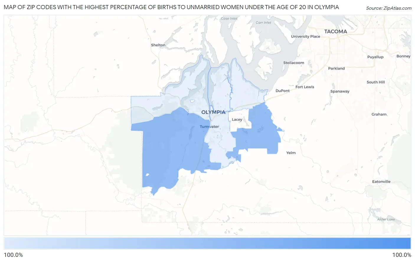 Zip Codes with the Highest Percentage of Births to Unmarried Women under the Age of 20 in Olympia Map