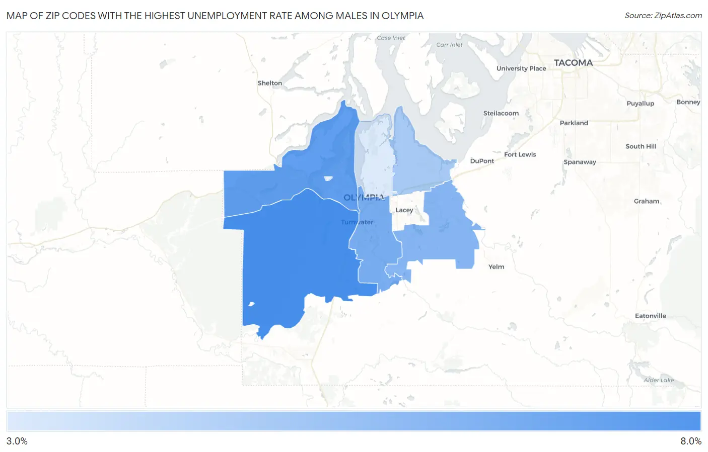 Zip Codes with the Highest Unemployment Rate Among Males in Olympia Map
