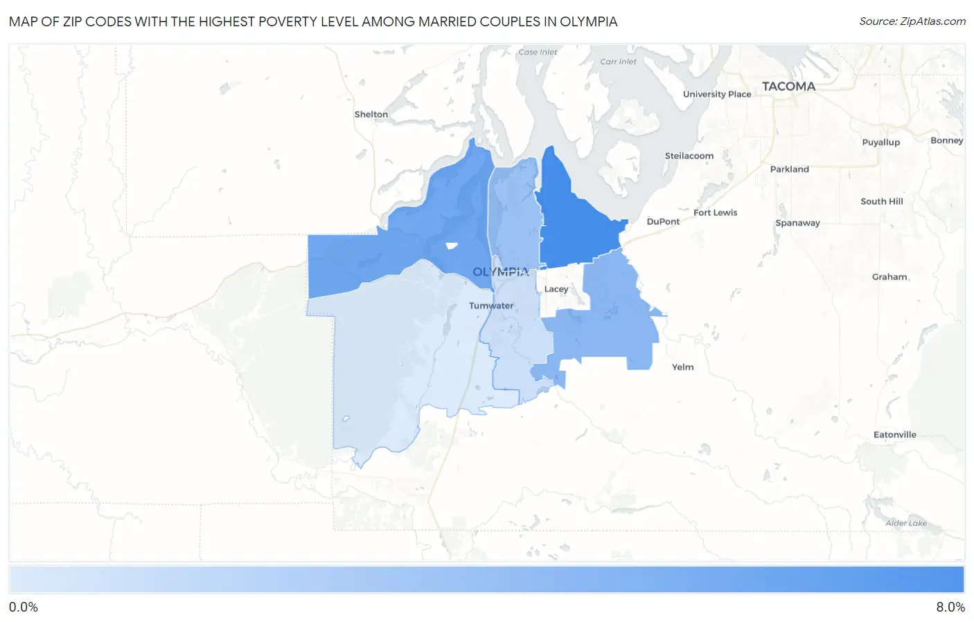 Zip Codes with the Highest Poverty Level Among Married Couples in Olympia Map