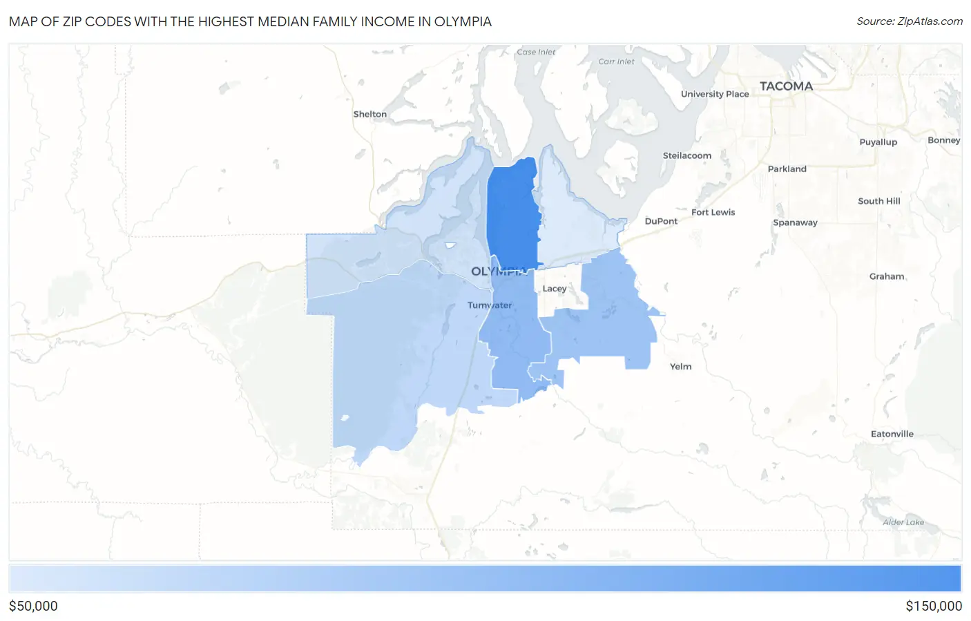 Zip Codes with the Highest Median Family Income in Olympia Map