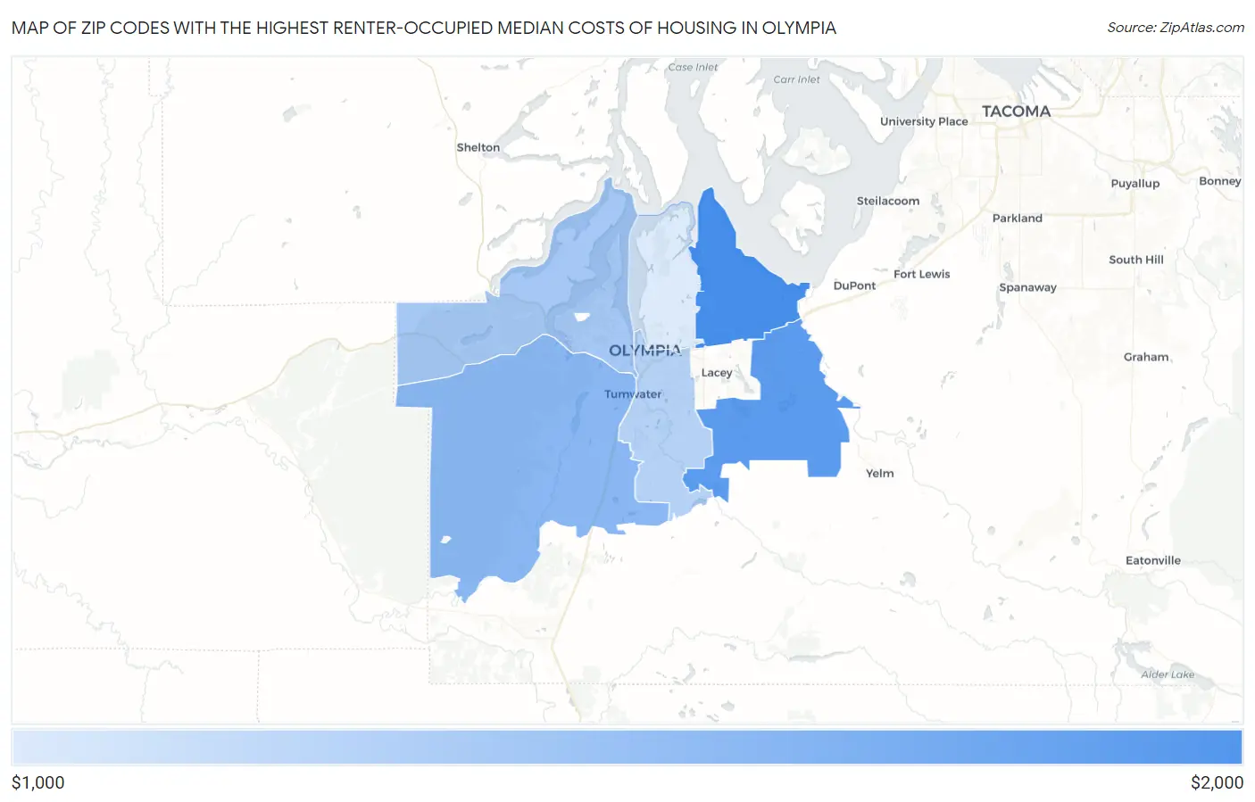 Zip Codes with the Highest Renter-Occupied Median Costs of Housing in Olympia Map