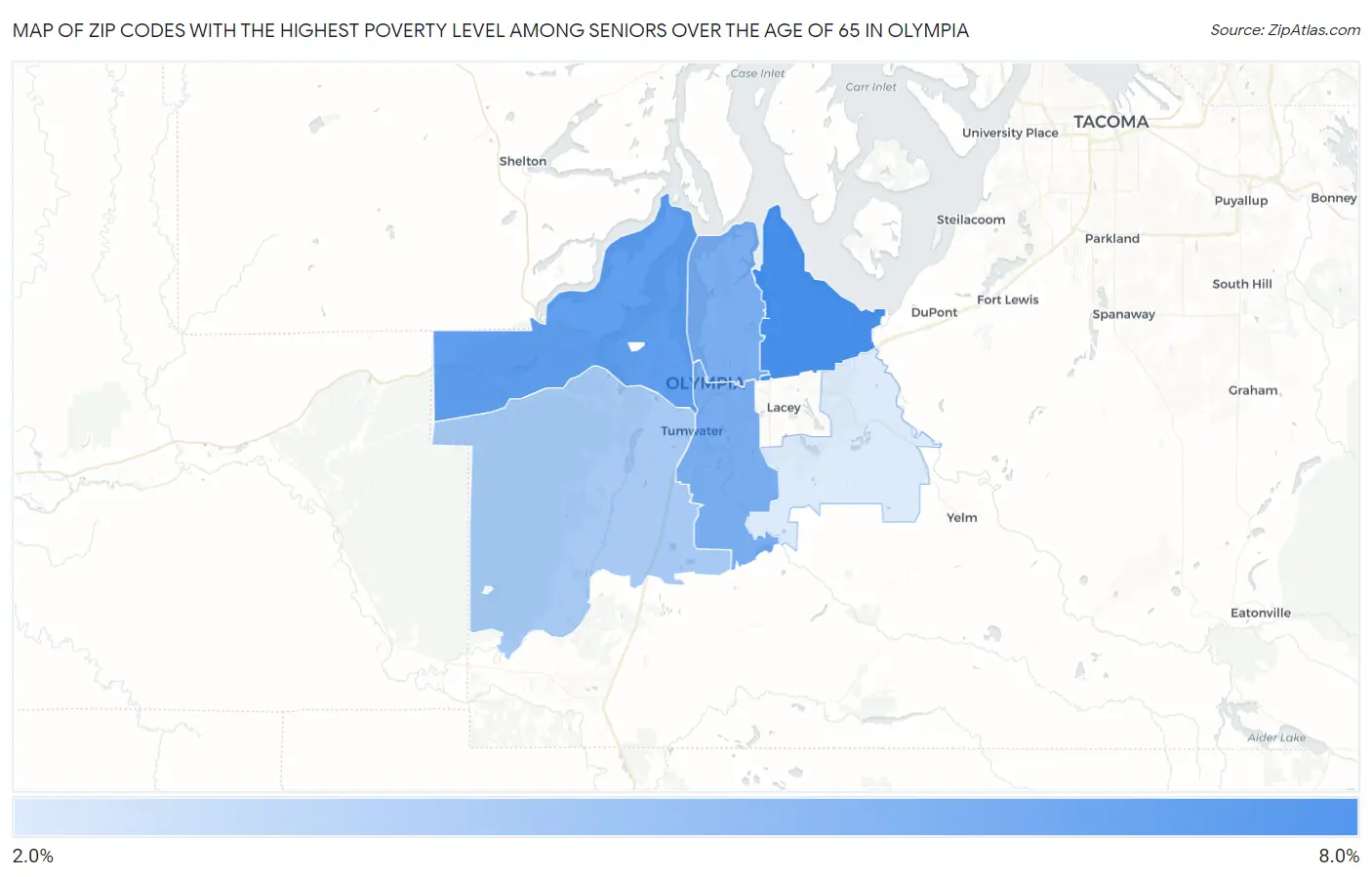 Zip Codes with the Highest Poverty Level Among Seniors Over the Age of 65 in Olympia Map