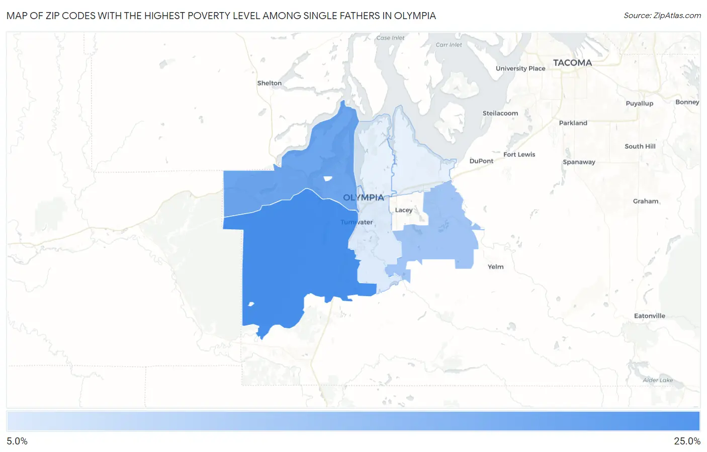 Zip Codes with the Highest Poverty Level Among Single Fathers in Olympia Map