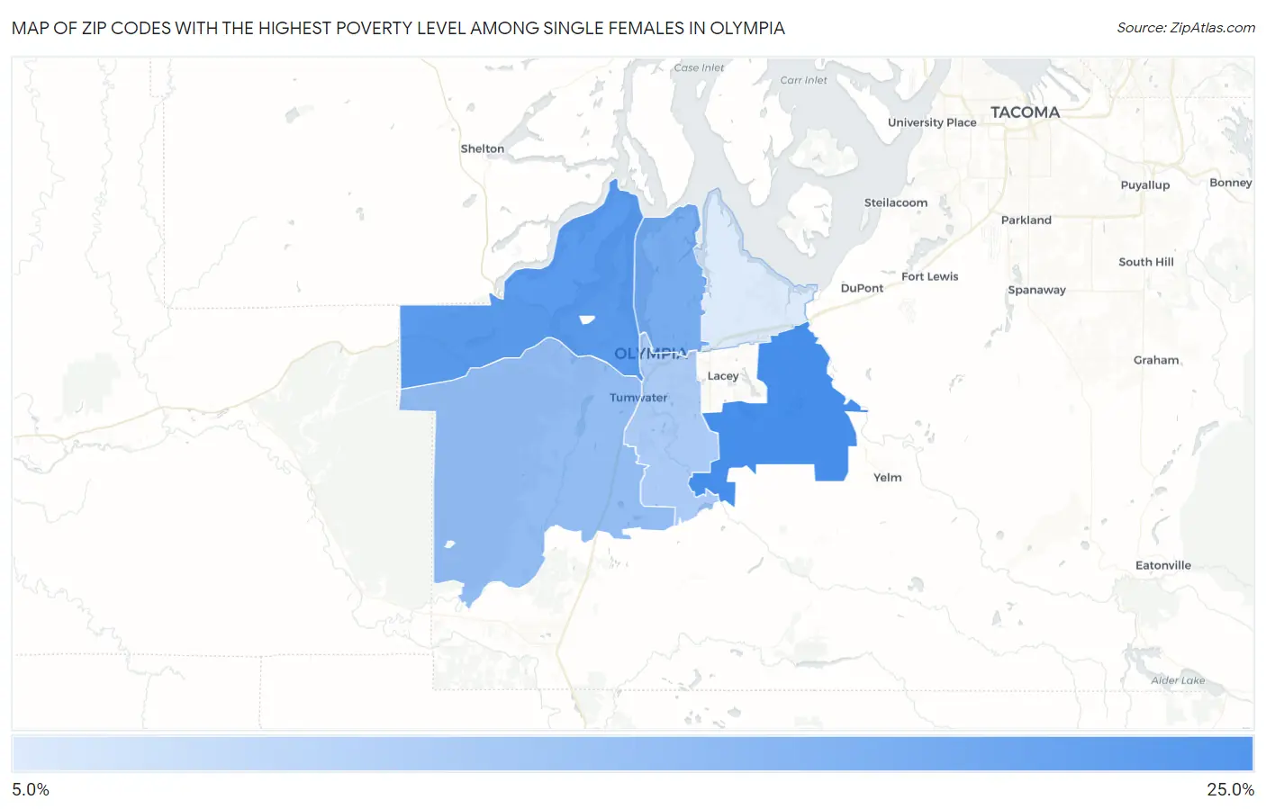Zip Codes with the Highest Poverty Level Among Single Females in Olympia Map
