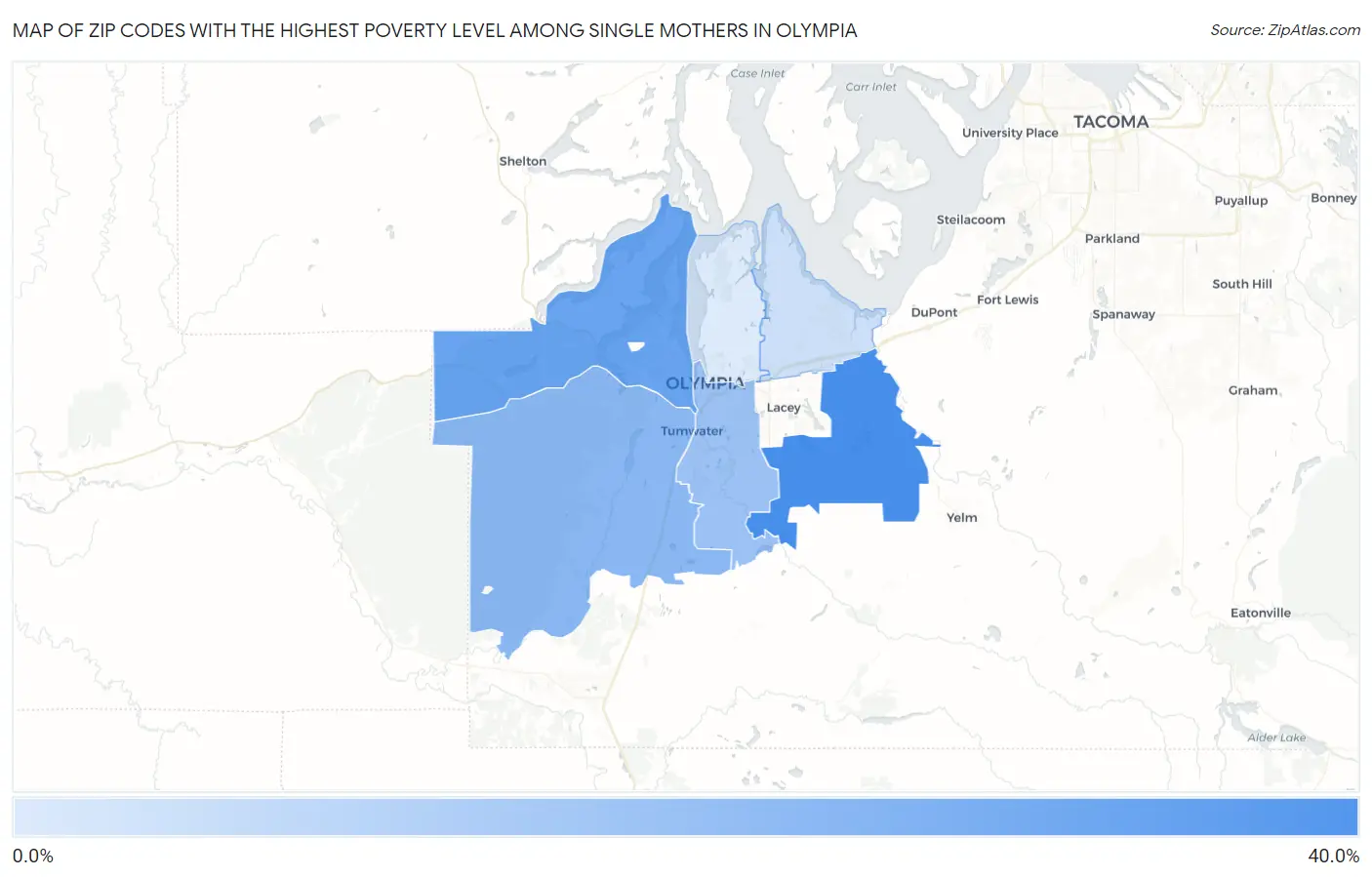 Zip Codes with the Highest Poverty Level Among Single Mothers in Olympia Map