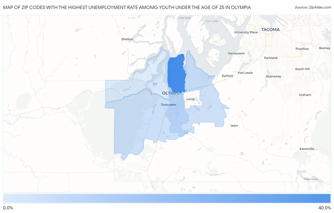 Zip Codes with the Highest Unemployment Rate Amomg Youth Under the Age of 25 in Olympia Map