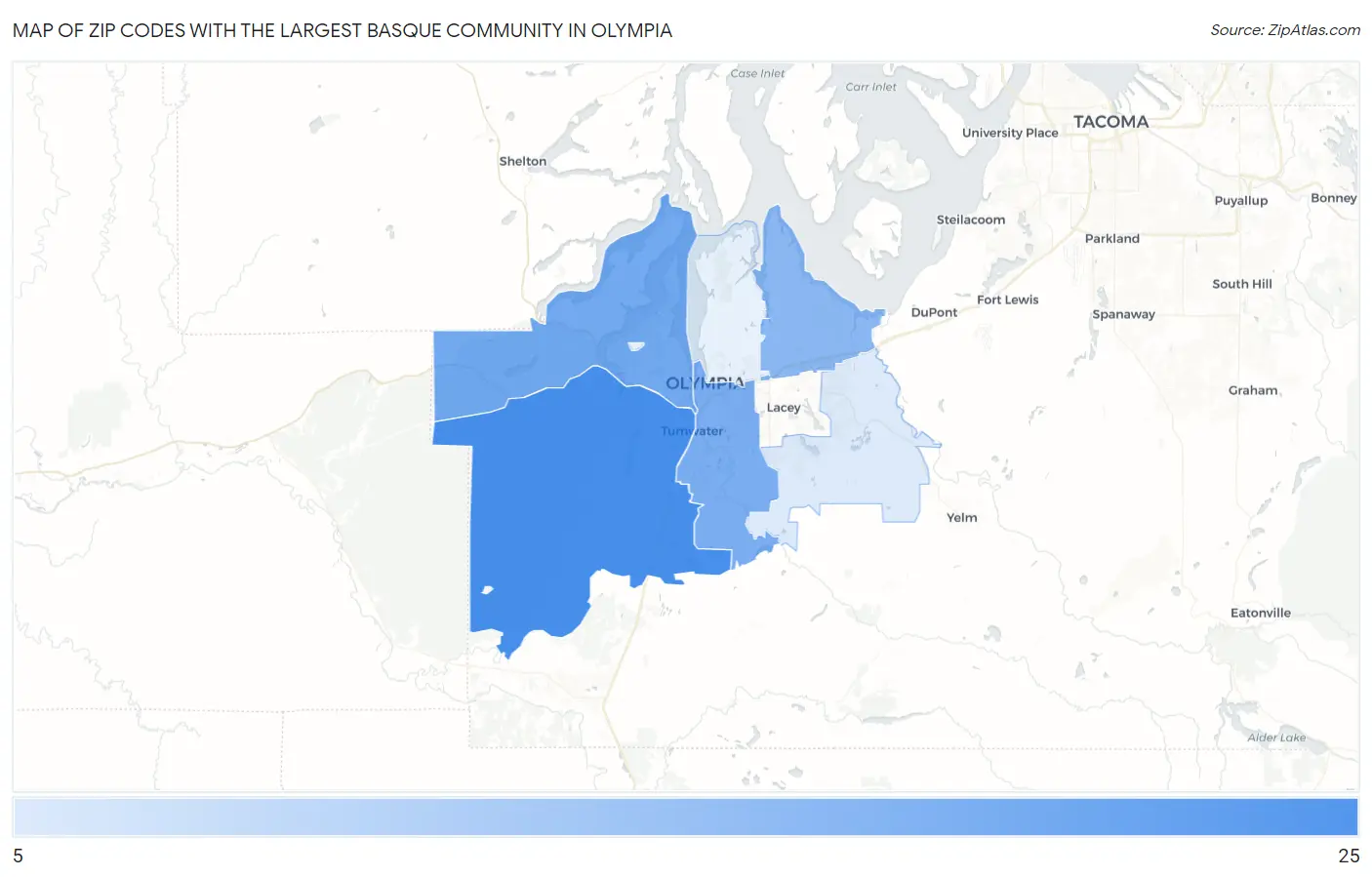 Zip Codes with the Largest Basque Community in Olympia Map