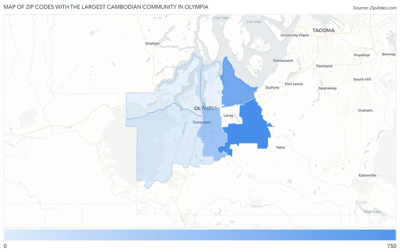Zip Codes with the Largest Cambodian Community in Olympia Map