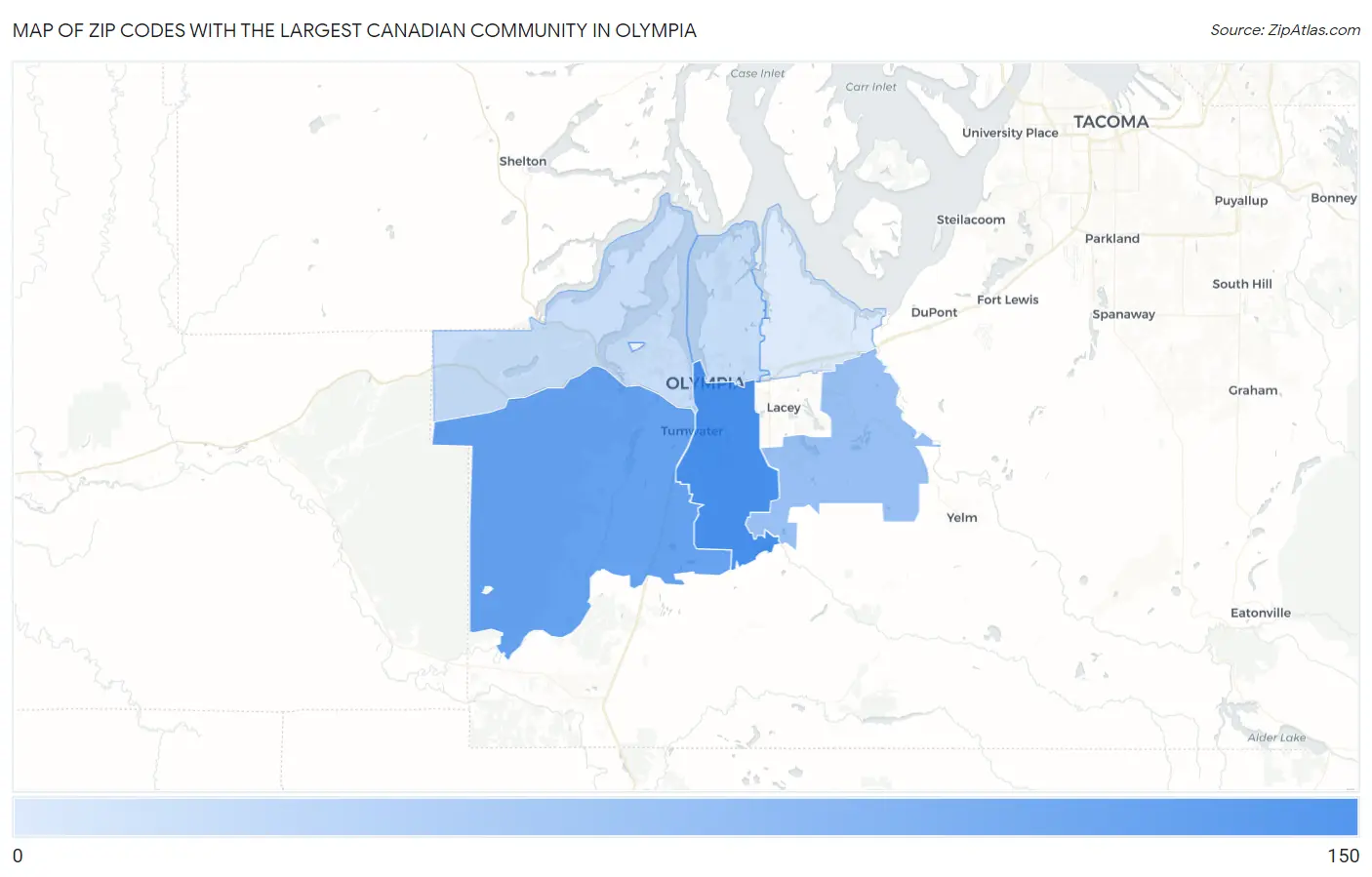 Zip Codes with the Largest Canadian Community in Olympia Map