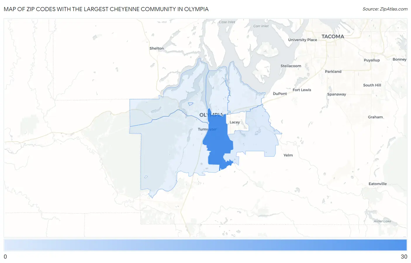 Zip Codes with the Largest Cheyenne Community in Olympia Map