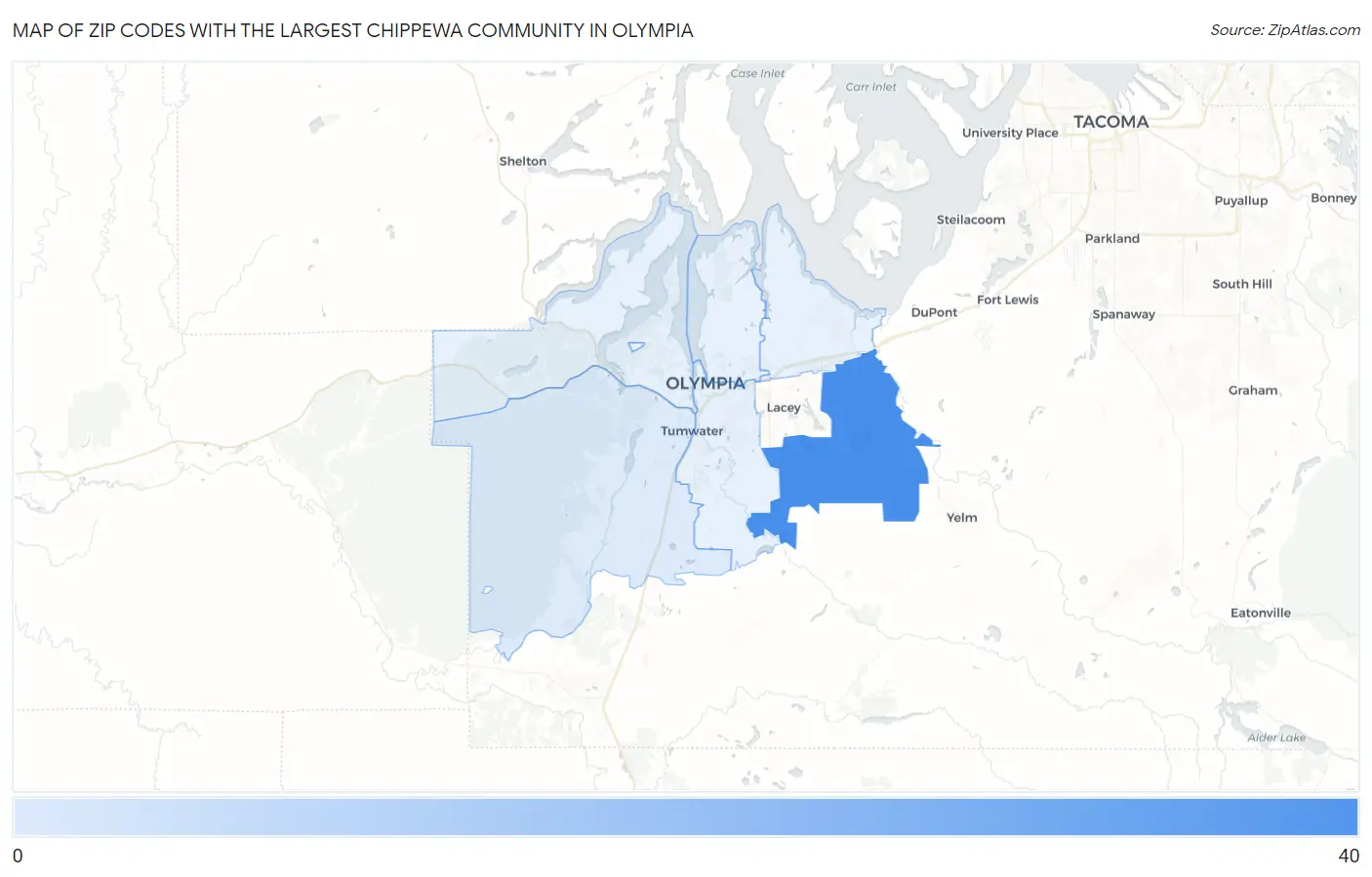 Zip Codes with the Largest Chippewa Community in Olympia Map