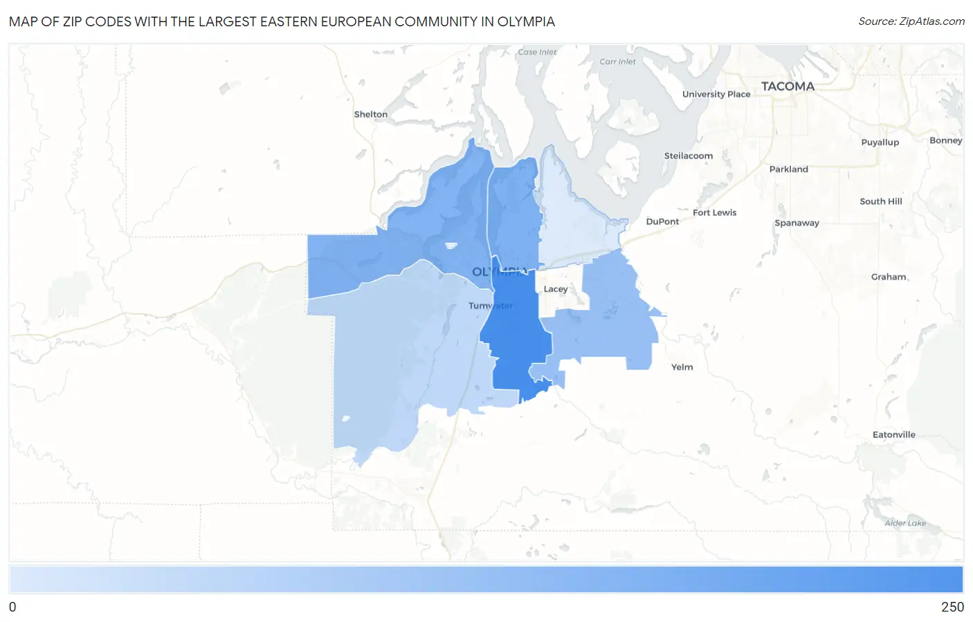 Zip Codes with the Largest Eastern European Community in Olympia Map