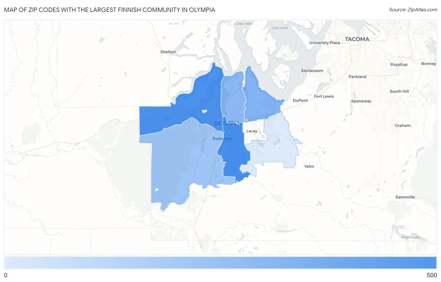 Zip Codes with the Largest Finnish Community in Olympia Map