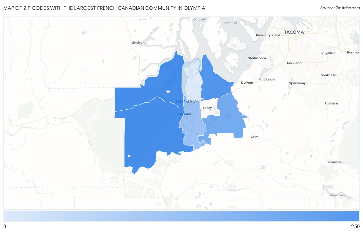 Zip Codes with the Largest French Canadian Community in Olympia Map