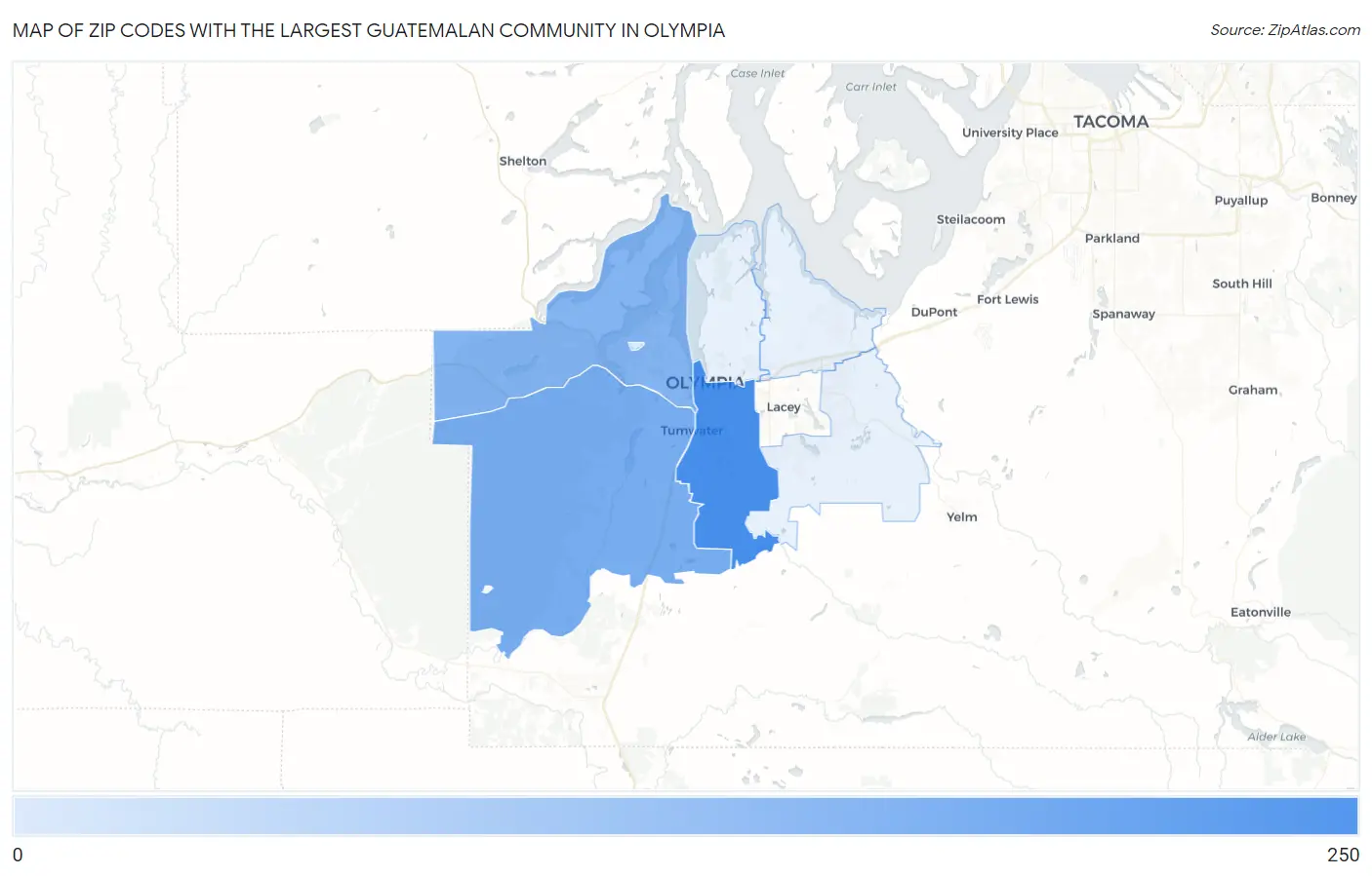 Zip Codes with the Largest Guatemalan Community in Olympia Map