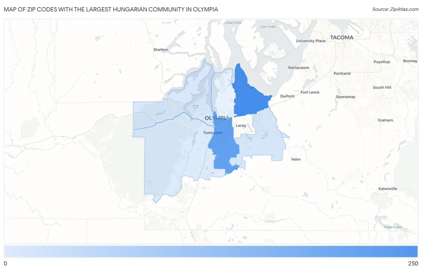 Zip Codes with the Largest Hungarian Community in Olympia Map