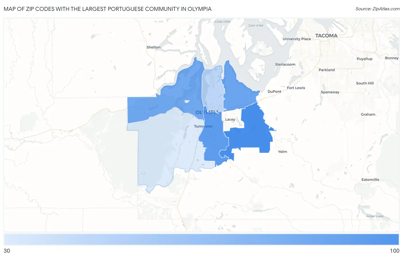 Zip Codes with the Largest Portuguese Community in Olympia Map