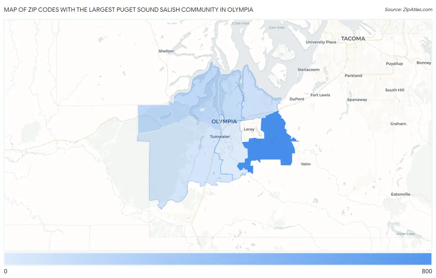 Zip Codes with the Largest Puget Sound Salish Community in Olympia Map